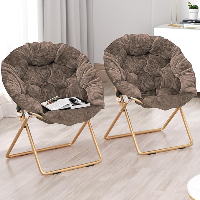 Comfy Saucer Chair Set of 2 Metal Frame Cozy Lounge Lazy Chair Folding Faux Fur Round Saucer Chair for Adults Foldable Papasan Moon Chair for Living Room Dorm Bedroom