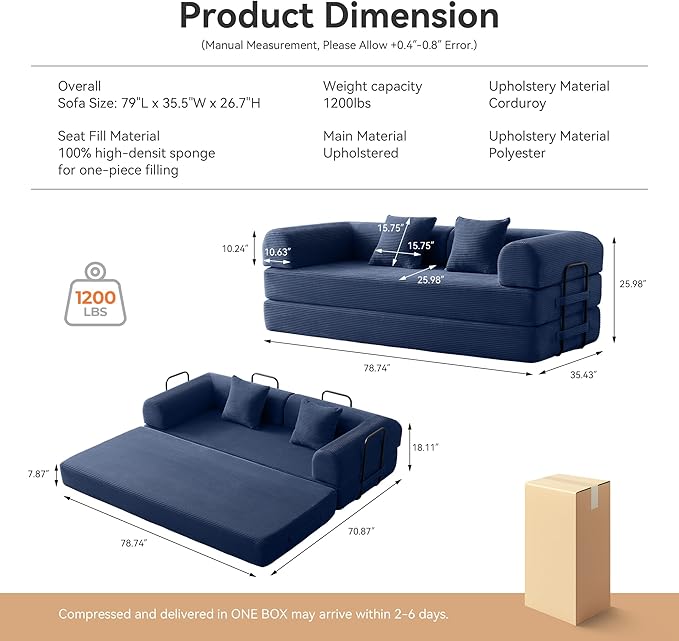 Convertible Sofa Bed with Corduroy PillowComfy Floor Sofa Bed Compressed Sofa in Box Convertible Sofa Bed for Living Room Bedroom Lounge Studio Comfy High Density Foam Mattress(Navy Blue)
