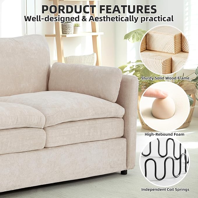 Esright 89'' Cloud Couches for Living Room 3 Seats Sectional Sofa Couch Chenille Modular Couch Sofa with Removable Pillows Oversized Modern Cozy for Studio Apartment Cream White
