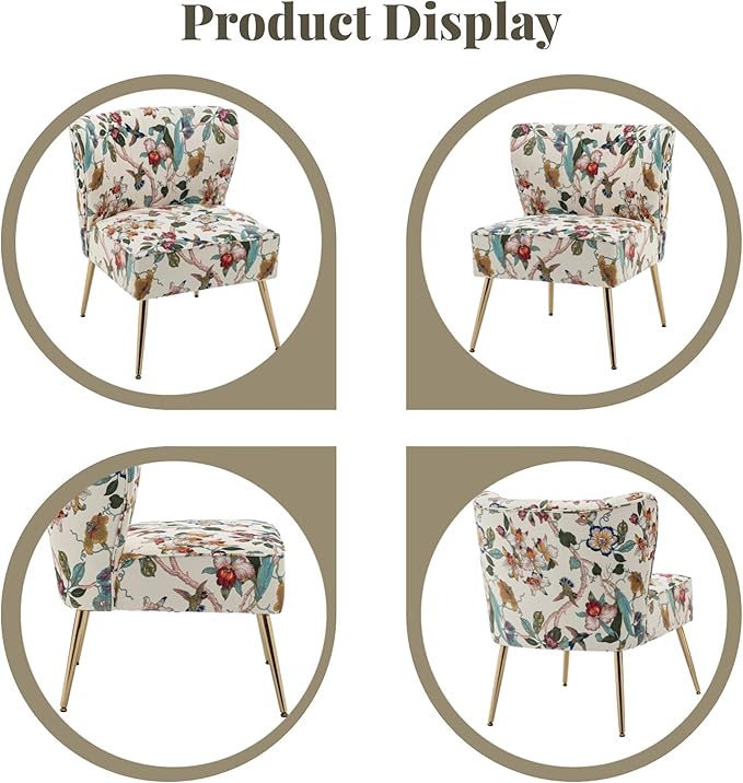 Armless Accent Chair with Gold Metal Legs Modern Comfy Tufted Living Room Chair Velvet Upholstered Floral Side Chair Mid Century Slipper Chair for Bedroom Flower Print Beige