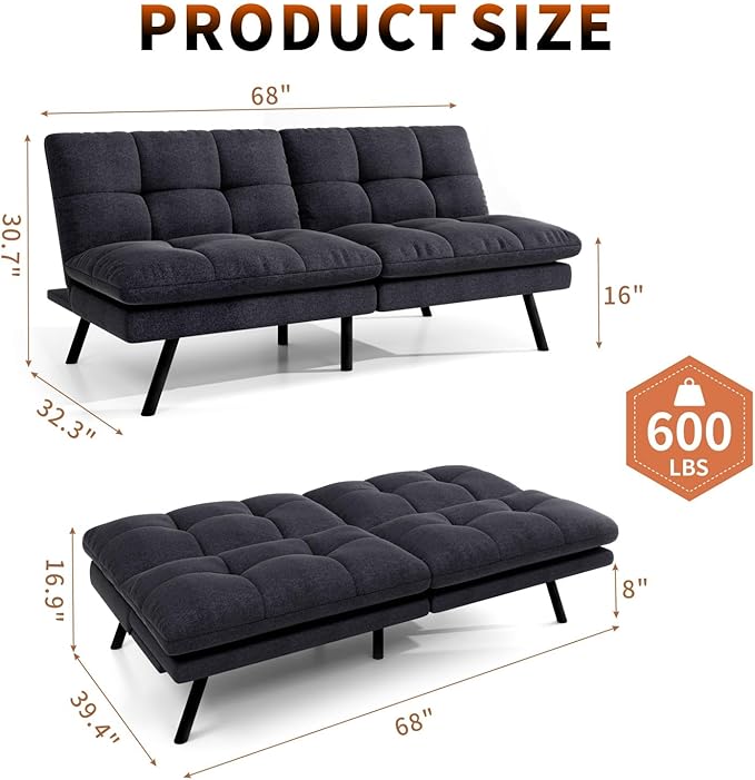 MUUEGM 68” Convertible Futon Sofa Bed Upholstered Small Futon Couches with Adjustable Backrest Loveseat Sleeper Bed for Compact Living Room Studio Office (Black)