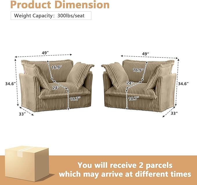 Modern Single Sofa Chair Set of 2 49 Slipcovered Armchairs Oversized Upholstered Accent Chairs Comfy Cloud Deep Seat Sofa with 2 Throw Pillows for Living Room Apartment Corduroy Camel