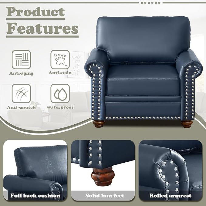 Antetek 3-Piece Comfy Upholstered Faux Leather Sofa Couch Set Mid-Century Modern Single Sofa Chair(2 Units) + 3 Seater Couch(1 Unit) with Storage Space for Living Room Furniture Set Navy Blue
