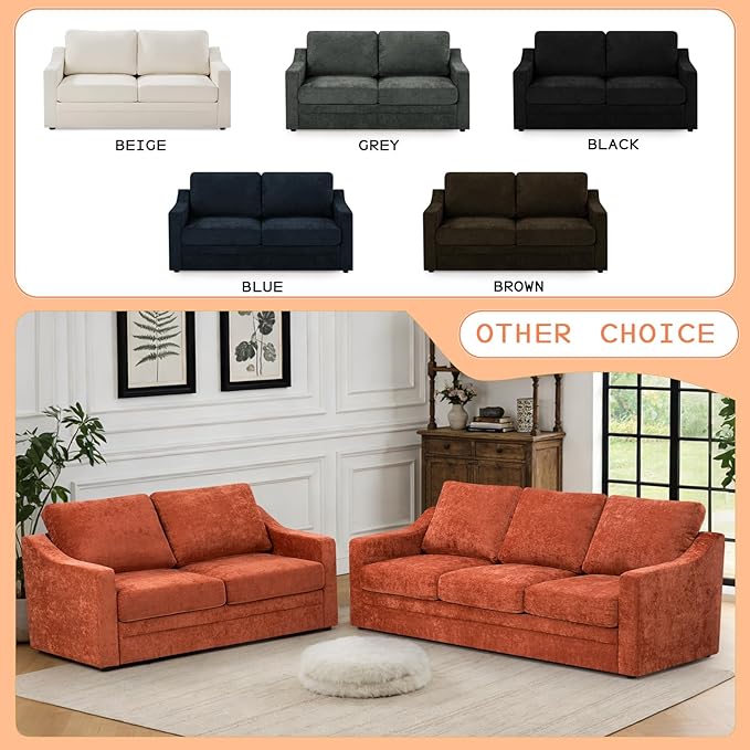 67” Chenille Loveseat Sofa w/Comfortable Back Cushions &amp Curved Armrests Modern 2-Seat Couch w/Deep Seat Space Upholstered 2 Seater Sofa w/High Resiliency Foam for Living Room Orange