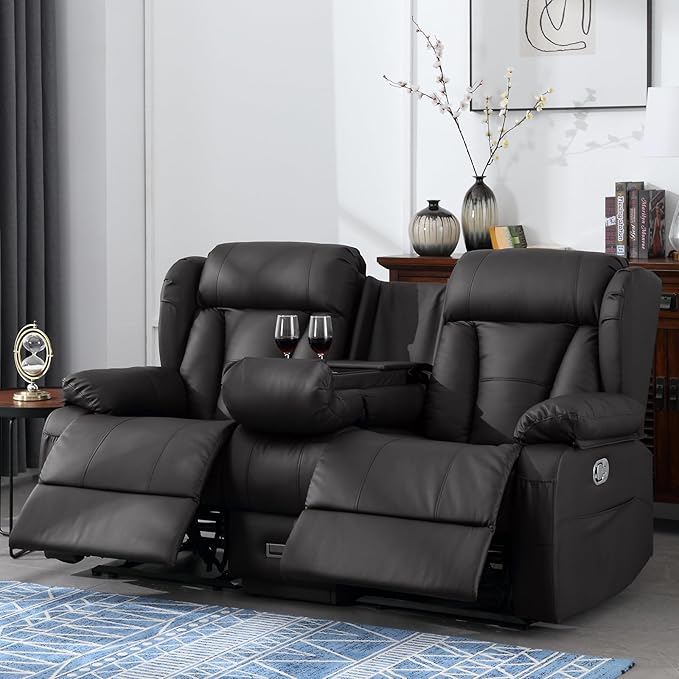 72.8 Manual Reclining Loveseat Sofa - Wall Hugger Double Loveseat Recliner with Console Fold-Down Table and Built-in Outlets Manual Recliner Chair for Living Room RVs Home Theater (Black)