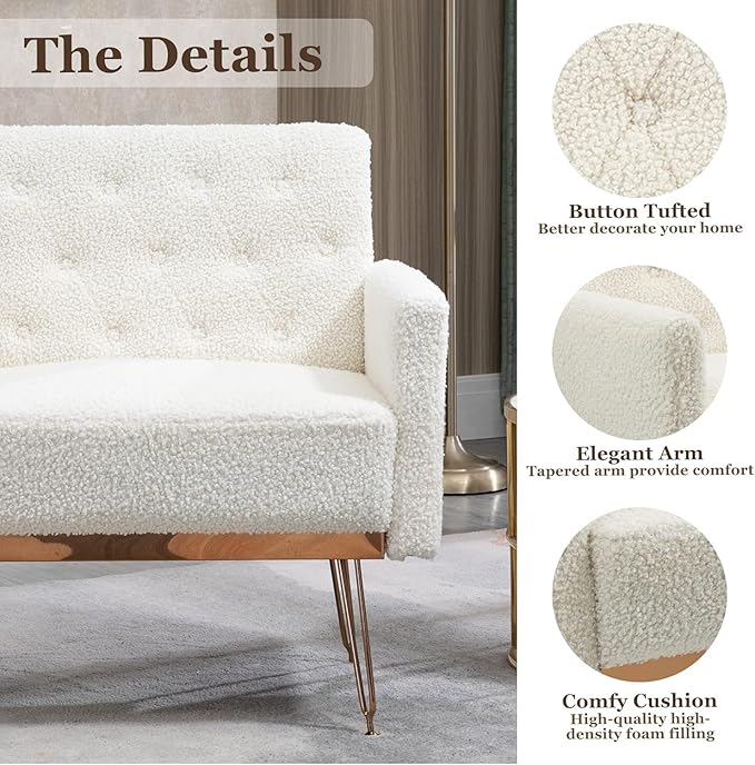 Olela Teddy Accent Chair with Arm for Living RoomModern Armchair Single Sofa Cozy Tufted Upholstered Reading Side Chairs with Gold Metal Leg for Bedroom Decorate (1 White -Teddy)