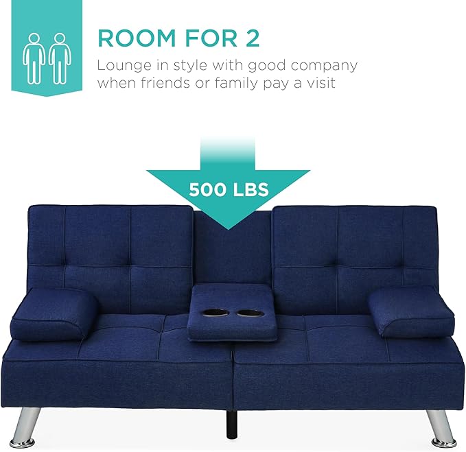 Best Choice Products Linen Modern Folding Futon Reclining Sofa Bed for Apartment Dorm w/Removable Armrests 2 Cupholders - Dark Blue