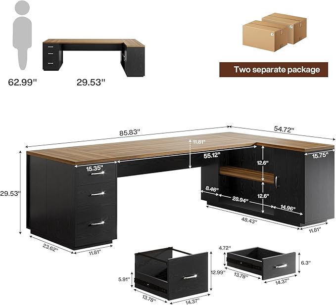 Tribesigns 85.8-Inch L-Shaped Executive Office Desk with File Drawers &amp Storage Cabinet Professional Corner Computer Desk Extra Large Business Workstation with Adjustable Shelves (Brown&ampBlack