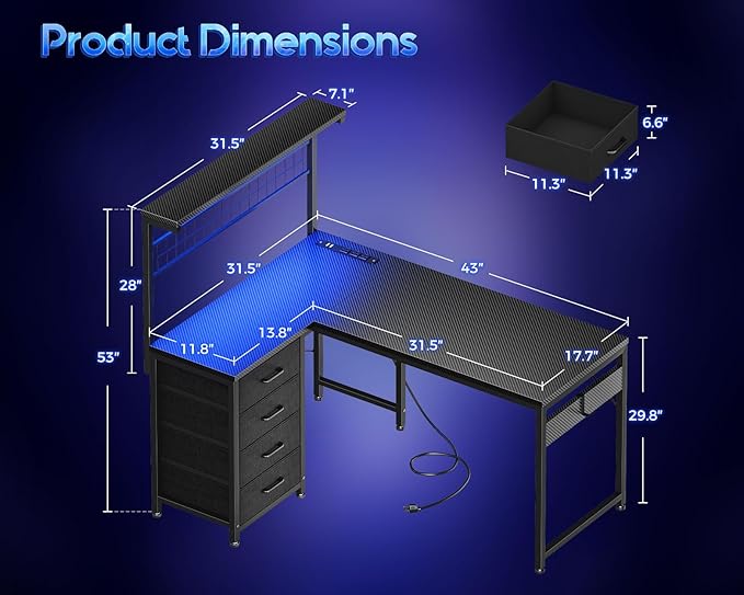 MOTPK 43” L Shaped Gaming Desk for Small Rooms Compact Corner Computer Table with Shelf &amp Hutch 4 Drawers Reversible Study Desk with LED Light Power Outlets &amp USB Ports Black Carbon Fiber
