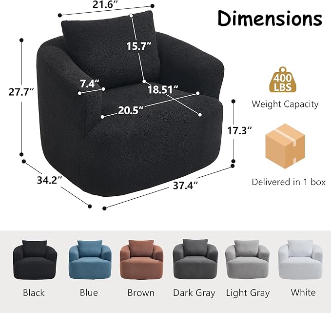 360°Swivel Accent Chair 37.4W Boneless Oversized Chair Teddy Velvet Comfy Armchair Foam &amp Spring Filling for Living Room Bedroom Apartment Office No Assembly