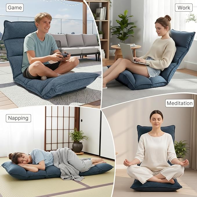 Dual-End 14-Position Recliner Chair with Ergonomic Back Support Single Sofa for Living Room (Blue)
