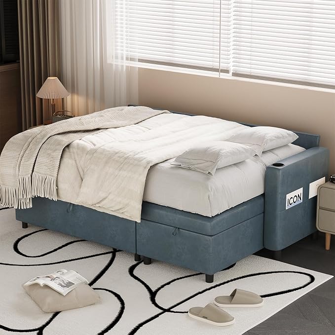 Esright Sleeper Sofa Bed 3-in-1 Pull Out Couch with Reversible Chaise Leather Sleeper Sofa with Storage USB Cup Holder Pullout Sectional Couches for Apartment Living Room Blue
