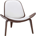 Belleze Mid-Century Modern Shell Side Accent Tripod Plywood Lounge Chair Walnut Upholstered Faux Leather White