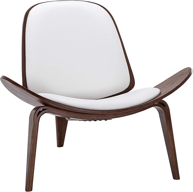 Belleze Mid-Century Modern Shell Side Accent Tripod Plywood Lounge Chair Walnut Upholstered Faux Leather White