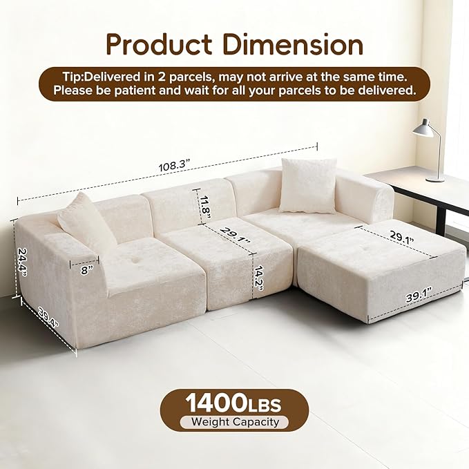 108 3-Seat L-Shaped Modular Sectional Sofa with Chaise Plush Velvet Cloud Couch - Comfy Deep Seat Boneless Couches No Assembly Required for Living Room Bedroom Beige