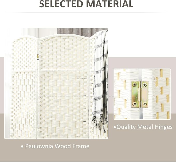 HOMCOM Room Divider 6 Ft 4 Panel Folding Privacy Screen Hand-Woven PP Wall Partition with Pine Wood Frame Freestanding Room Separator for Bedroom Home Office No Assembly White