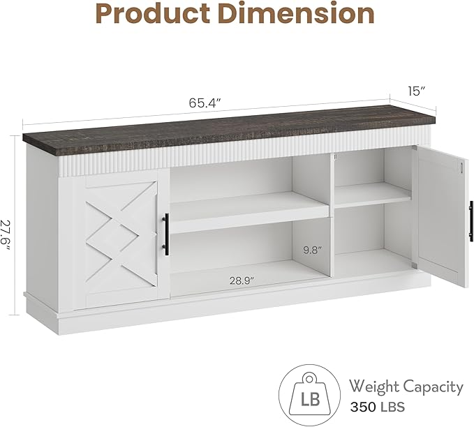 GarveeHome Farmhouse TV Stand for 70/75 in TVs 65 in Long Entertainment Center w/ 2 Door &ampOpen Storage Shelf Rustic Fluted Television Consoles Stands for Living Room Bedroom