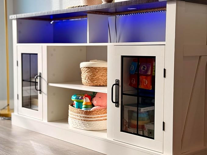 WLIVE Farmhouse TV Stand for 65 Inch TV Tall Entertainment Center with LED Lights &amp Storage Cabinets TV Media Console Table with Adjustable Shelf for Living Room Bedroom Home Theater Milk Whi