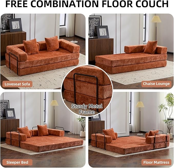 4-in-1 Convertible Folding Sleeper Sofa Bed Fold Out Floor Sofa Couch with Fixed-Shape Frame Cloud Corduroy Foldable Mattress Couch for Living Room Bedroom (78.5 Chenille Orange)