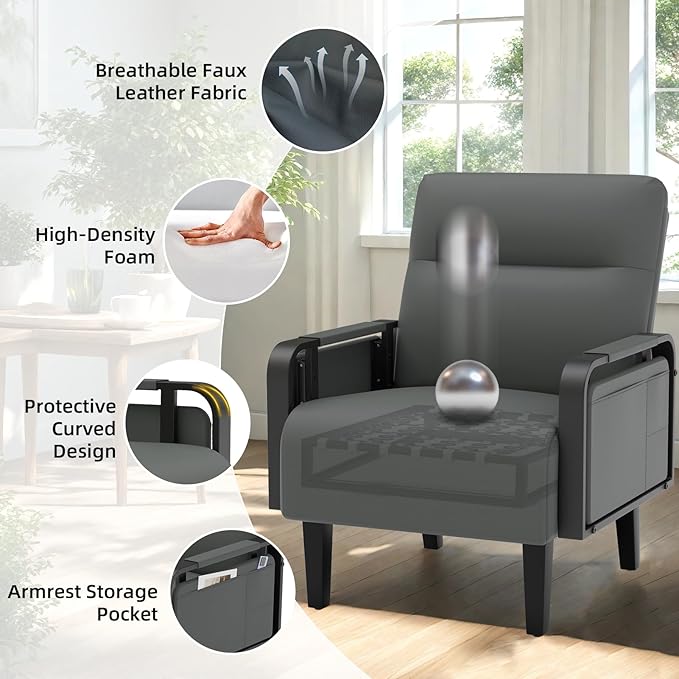 Modern Accent Chair Mid Century Armchair with Side Table &amp Wood LegsUpholstered Faux Leather Sofa Side Chairs for Living Room Reading OfficeBedroom(Grey)