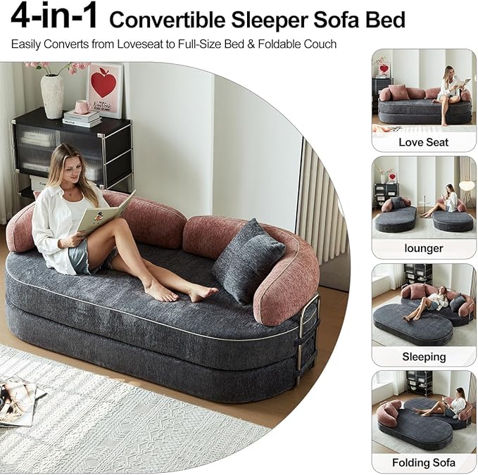 Convertible Sofa Bed with Fixed-Shape Frame 4-in-1 Combination Folding Pull Out Couch Futon Couch in a Box Modular Floor Sleeper Sofa Bed for Living Room Bedroom (2 Pillows PinkGrey)