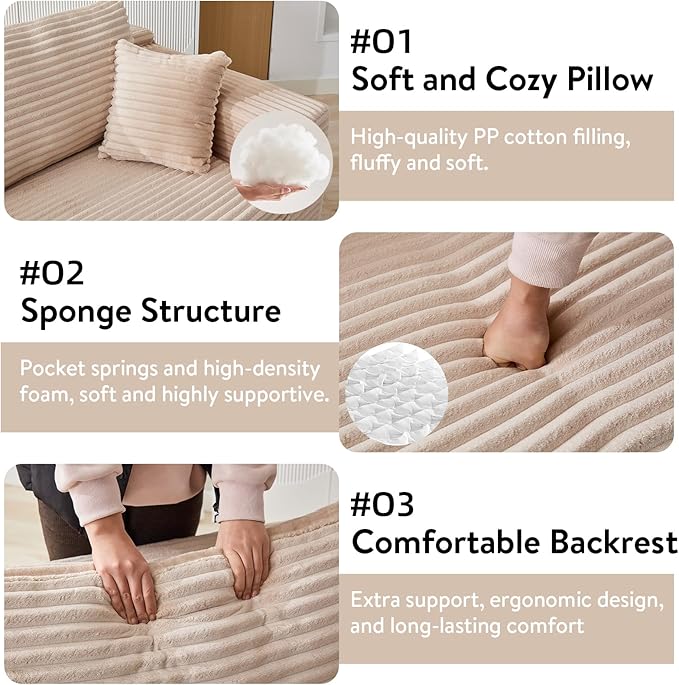 110 Modular Sectional Sofa Cloud Sectional Couch with L-Shape Chaise Modern Modular Couches with Deep Seat Corduroy Sponge Compressed Sofa for Living Room No Assembly Required (Beige)