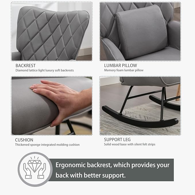 Modern Upholstered Rocking Chair with Ottoman – High Back Glider for Nursery Living Room or Bedroom – Comfortable Armchair with Lumbar Support &amp Sturdy Wood Rockers (Grey Fabric)