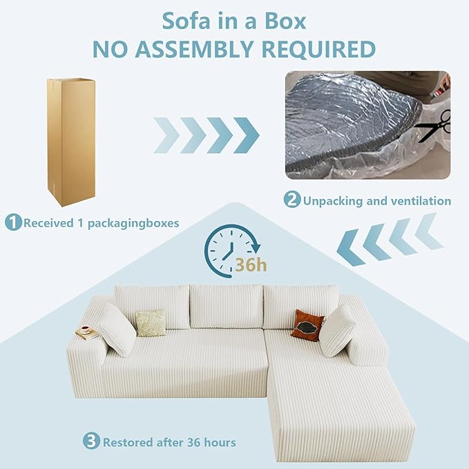96 Cloud Sectional Couch with L-Shape Chaise Modern Corduroy Boneless Couch for Living RoomMemory Foam Sofa with Deep SeatNo Assembly Required (WhiteRight-Facing Chaise)