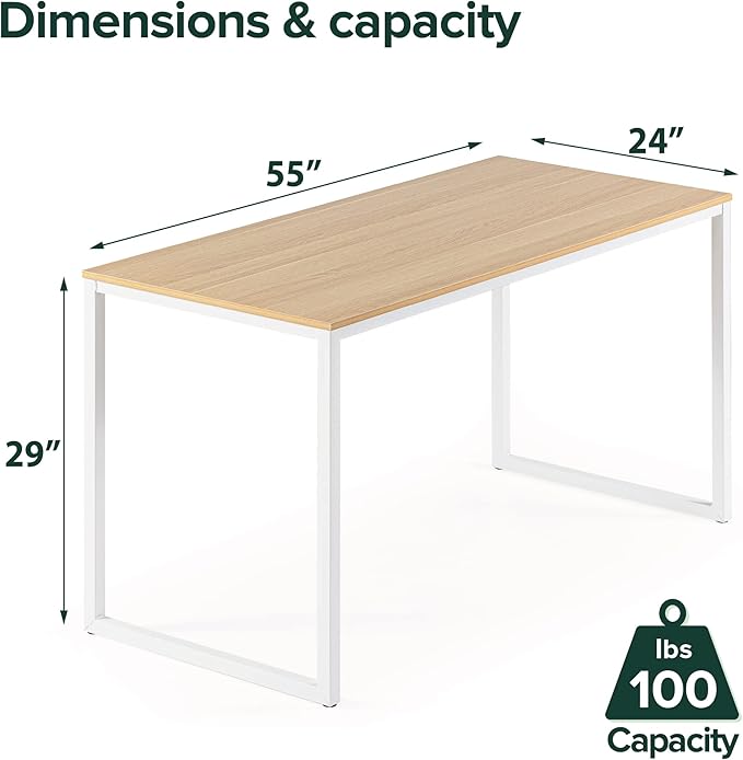 Zinus Jennifer 55 Inch White Frame Desk/Computer Workstation/Office Desk/Dining Table/Easy Assembly Natural