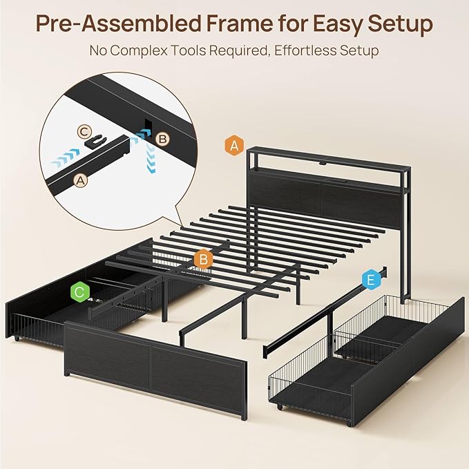 Rolanstar Queen Bed Frame with 4 Storage Drawers &amp 2-Tier Storage Headboard Metal Platform Bed Frame with Charging Station &amp LED Lights Noise-Free No Box Spring Needed Easy Assembly Black