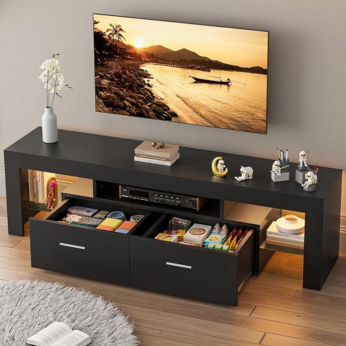 Black 63 Inch Floating TV Stand with Two Drawers &amp 16-Color LED Lights Large Modern Entertainment Center for TVs Up to 75 Inches Wooden Media Console with Open Shelf
