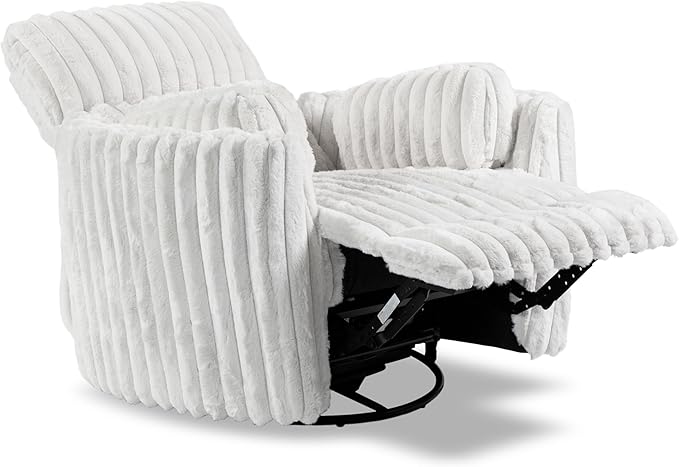 Furniture of America Vyrinor Modern Chenille Power 220° Swivel Recliner Chair with Pillows Reclining Glider Comfy Sofa Wooden Comfortable Couch for Living Room Nursery Home Theater White