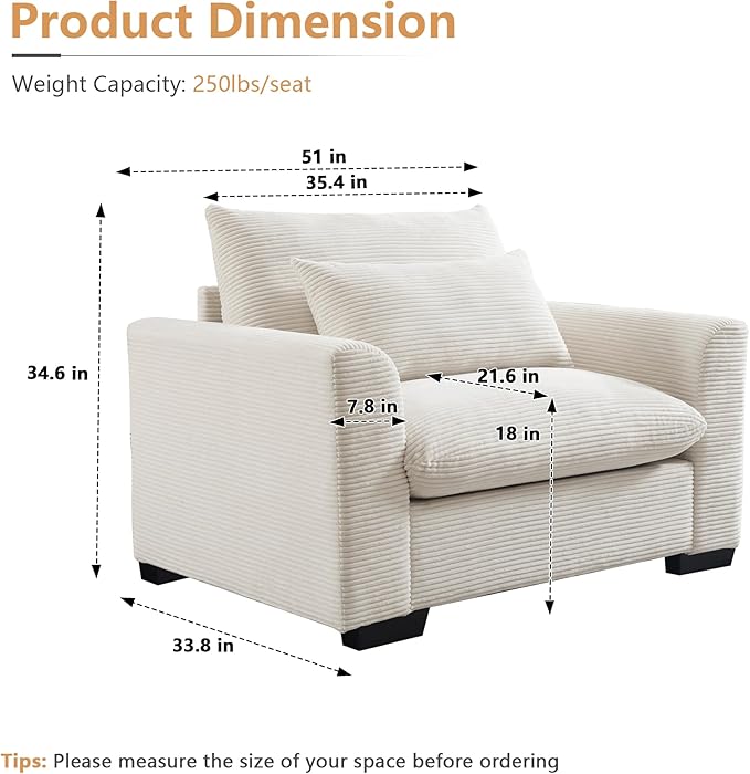 Oversized Modular Sectional Sofa 51 Inch Single Seat Sofa Corduroy Deep Seat Comfy Couch Armchair with Waist Pillow for Living Room Apartment Beige