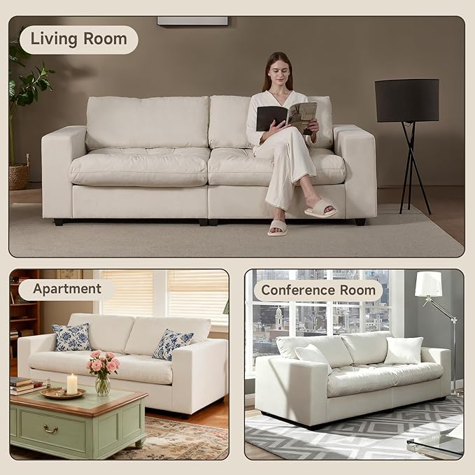 87'' Sofa Couch with Hidden Storage Space Modern Sofa for Living Room Comfy Upholstered 2-Seater Large Couch with Extra Deep Seat for Apartment White