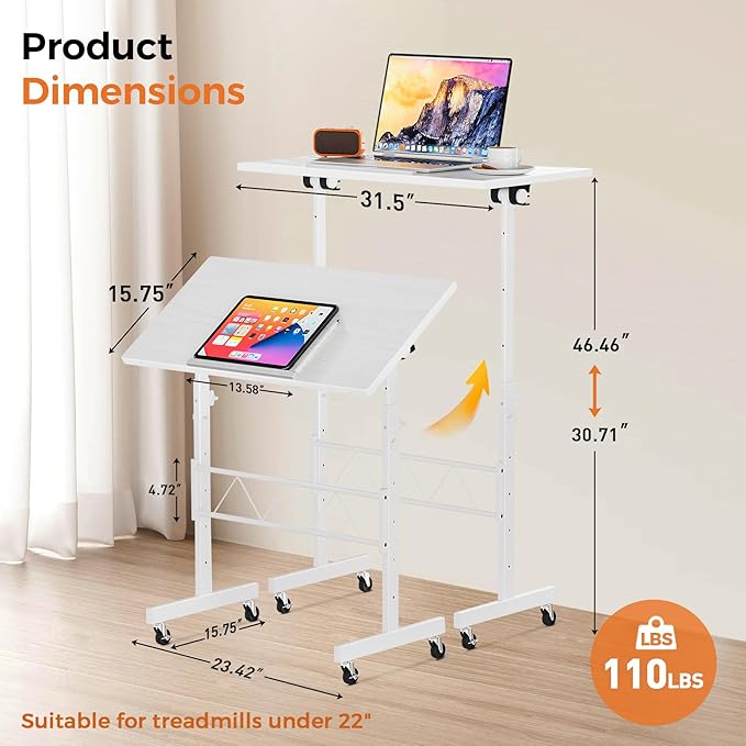 COMHOMA Small Standing Desk Adjustable Height &amp Tiltable Tabletop Mobile Stand Up Desk for Laptop Portable Computer Table for Home Office Work and Walking Pad Treadmill Height 30.7-46.4 Whit