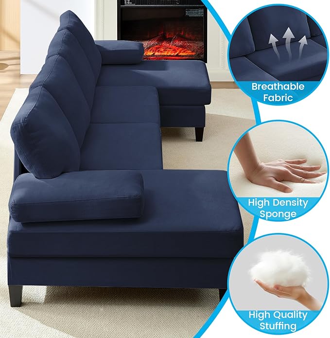 Mjkone 110 Width Sectional Couches with Chaises for Living Room U Shaped Cloud Sofa Couch with Ice Velvet Fabric Minimalist 4 Seater Sofa Set Living Room Sets Furniture for Home Office Blue