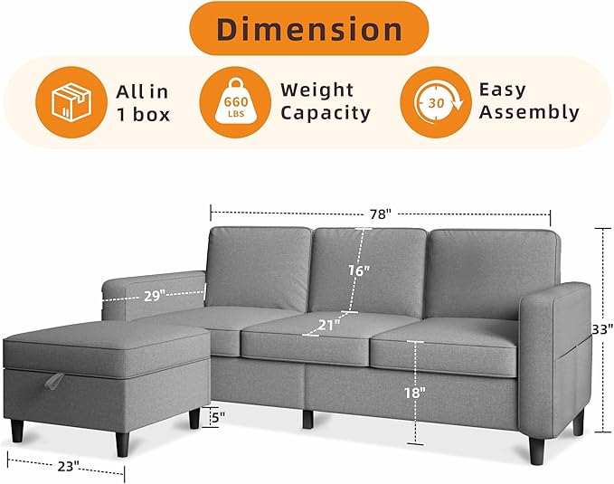 78 Sectional Sofa Couches for Living Room Convertible L Shaped Couch with Storage Ottoman Deep Seat Pet-Friendly Linen Fabric Sofa Set for Small Space Apartment Dorm