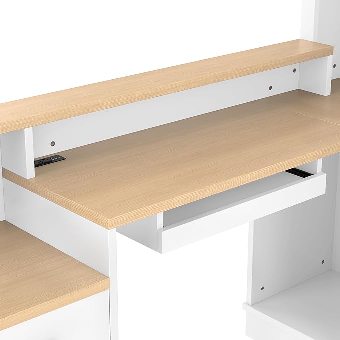 Wooden L-Shaped Computer Desk with Outlet Drawers and Bookshelf Modern Corner Desk with L-Shaped Study Table Writing Desk Gaming Computer Desk with Storage for Home Office Bedroom (White-06)