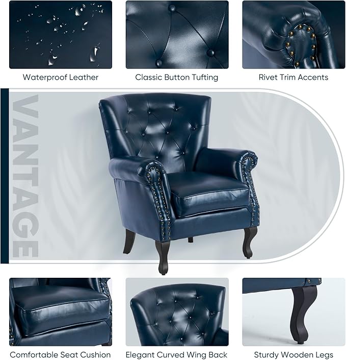 MOJAY PU Leather Accent Chair Set of 2 Mid-Century Modern Armchair Living Room Club Chair with Tufted Button &amp Rivet Trim Upholstered Sofa Chair with Sturdy Wood Legs for Bedroom (Navy)