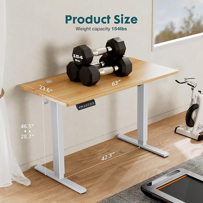 Electric Standing Desk Adjustable Height 63 x 24 Inch Sit and Stand Desk with 2 Hooks and Wire HolesHome Office Desk Ergonomic Workstation Computer DeskYellow