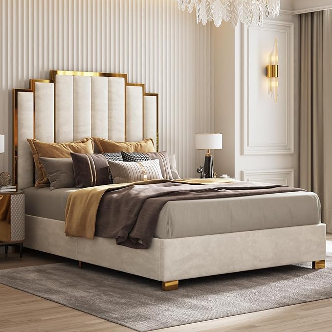 AMERLIFE Queen Size Upholstered Bed Modern Velvet Bed Frame with 61.4” Tall Gold Trim Headboard No Box Spring Needed Cream