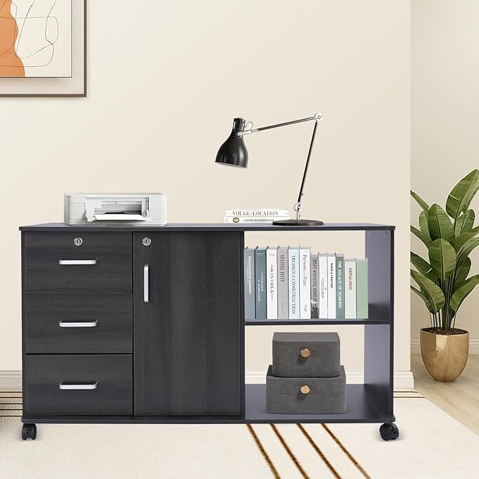 3 Drawer Mobile File Cabinet Wood Lateral Filing Cabinet Printer Stand with Open ShelvesLocking File Cabinets for Home Office