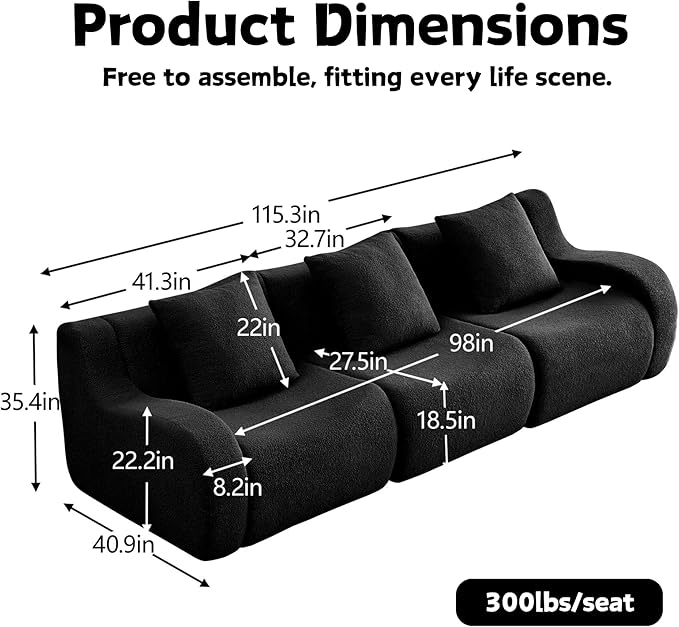 115 Modular Boneless Sectional Sofa Boneless Couch for Living Room and Apartments 32D High Density Sponge No Assembly Required (3 Seater) Black
