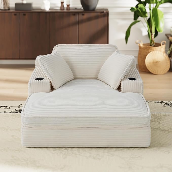 67 Chaise Lounge Chair Indoor Cozy Oversized Fluffy Sofa with Cup Holders &amp Throw Pillows Boneless Sleeper Cloud Couch for Living Room Movie Room and Apartments Beige