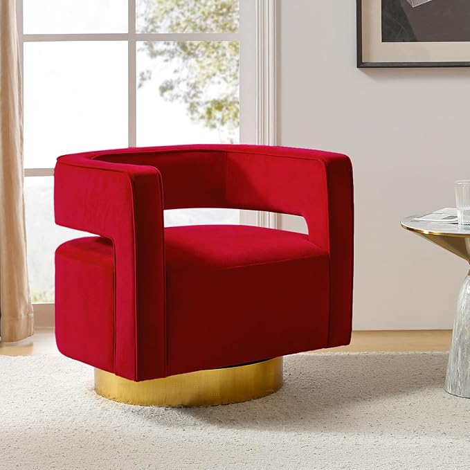 TINA'S HOME Swivel Accent Barrel Chair Modern Velvet Armchair with 3D Curved Open Back &amp Swivel Gold Metal Base Upholstered Club Chair for Living Room Bedroom Nursery Red(No Assembly Required)