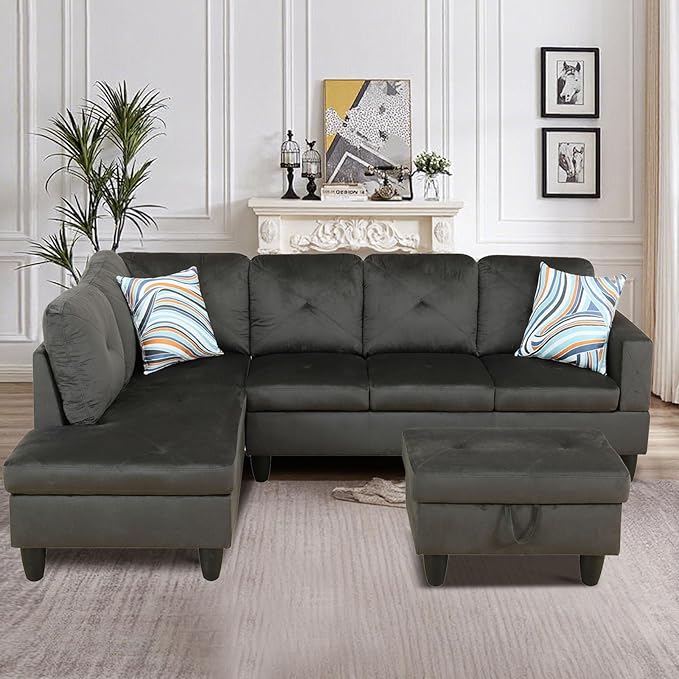 Sectional Couches for Living Room Furniture 4 Seat L Shaped Couches with Ottoman Modular Sectional Sofa for Apartment Furniture Sets Grey