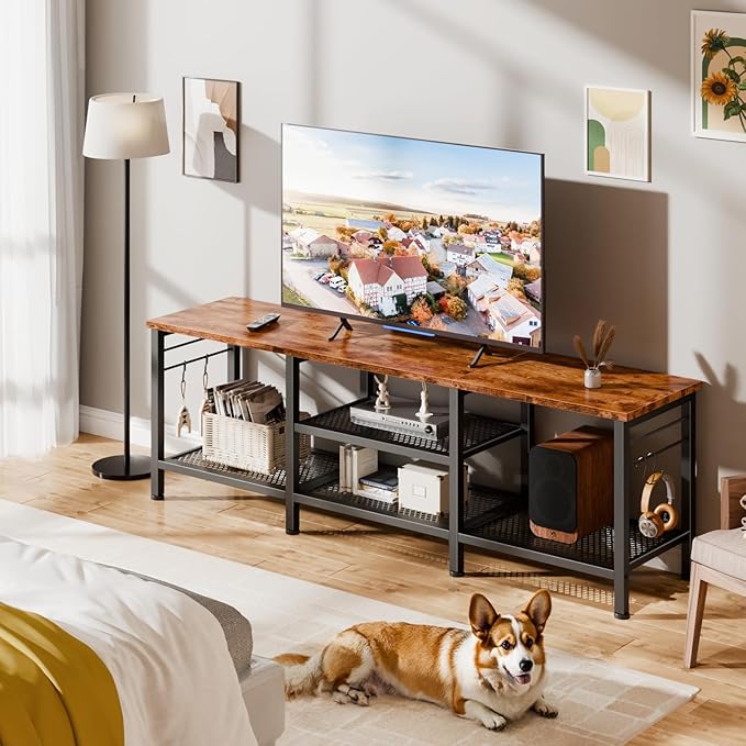 Furologee TV Stand for TVs up to 65 Inch Entertainment Center with Open Storage Shelves 55 Inch Television Stands with Soundbar Shelf for Living Room Bedroom Rustic Brown