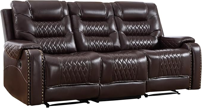 EBELLO Manual Reclining Sofa for Living Room Faux Leather 3 Seater Reclining Couch Chair Vintage Rivet Mid-Century Modern Design Furniture for Living Room Meeting Room Dark Brown