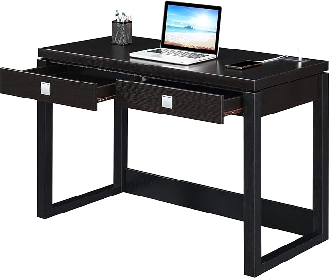 Pemberly Row Two-Drawer Desk with Charging Station Black Wood Finish 47.25 in x 23.25 in x 30.75 in Includes USB Ports and Outlet Concealed Storage Home Office Desk for Workspace Organization