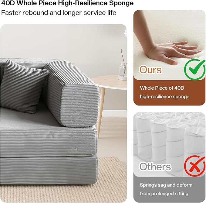 79 Inch Convertible Sofa Bed Couch in Box 5 in 1 Folding Modular Boneless Couch with Pull Out Bed 2 Pillows Soft Corduroy Floor Futon Lounge Loveseat Sleeper Lazy Cama No Assembly Light Grey